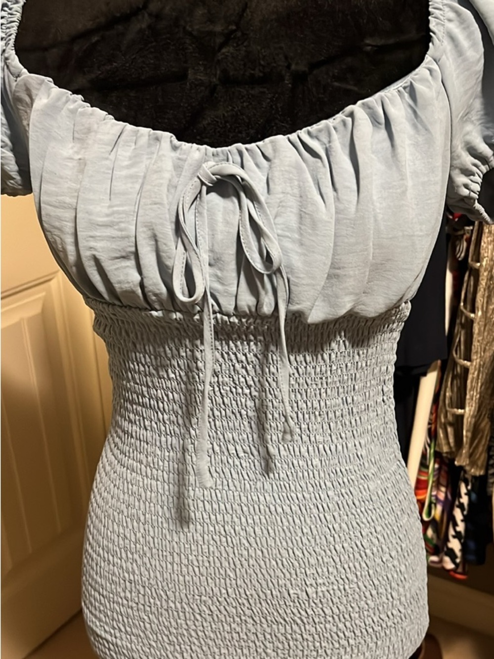 Light Blue Smocked Women’s Dress with Tie Front